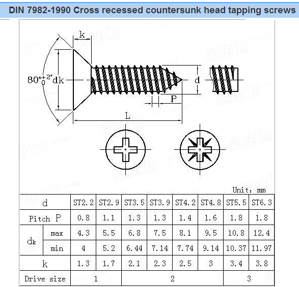 countersunk head tapping screws