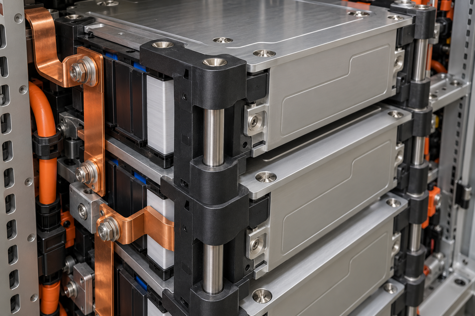 Battery modules and copper busbars inside a stationary energy storage cabinet, module frames clamped through moulded standoffs