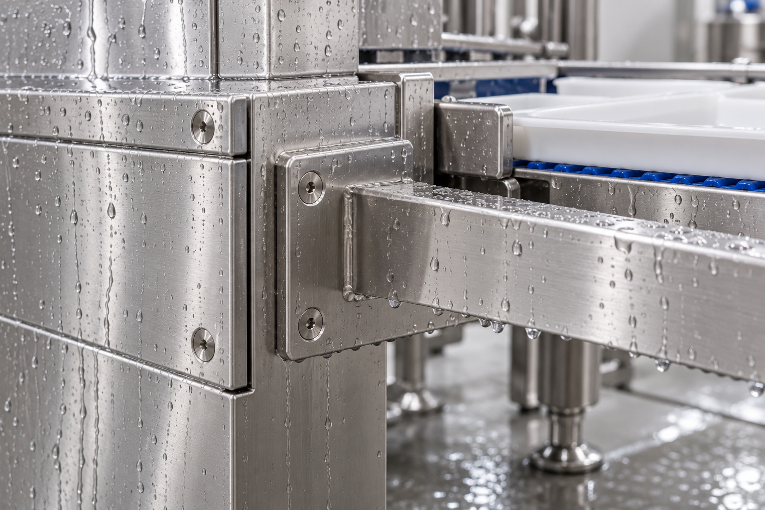 Stainless panel cladding and a tray bracket on a food processing machine, fastened with flush countersunk screws after washdown