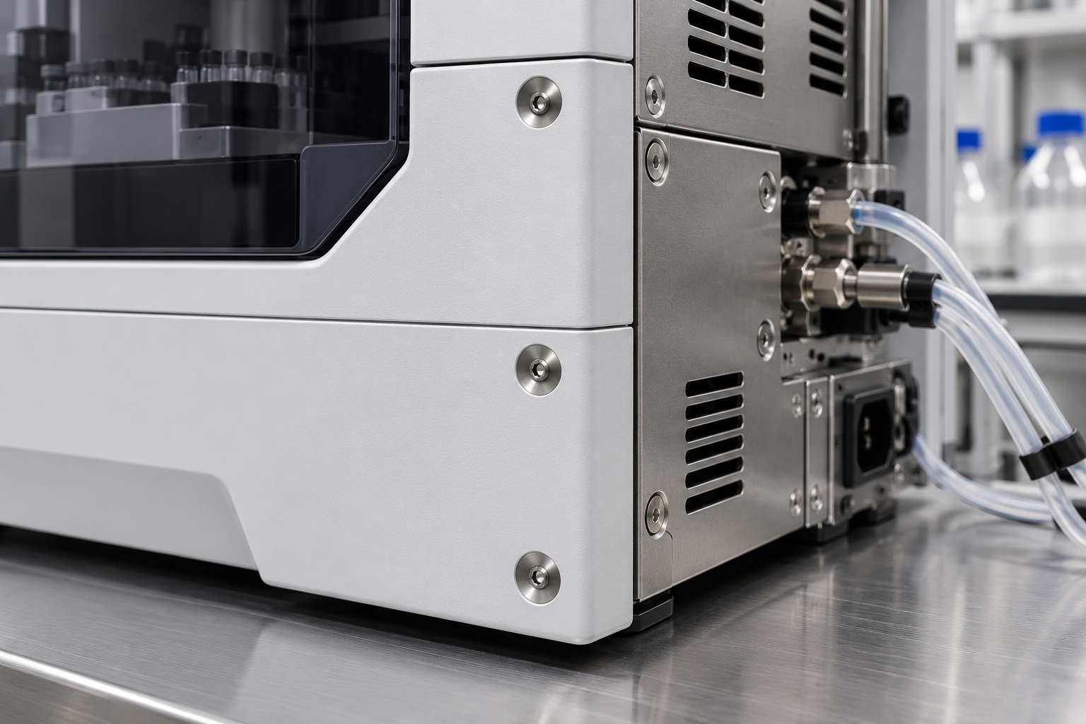 Laboratory diagnostic analyser with moulded panels and a metal chassis clamped by flush countersunk screws