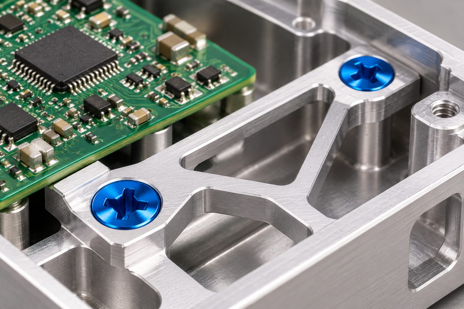 Small socket head screws fixing the frame of a precision instrument enclosure