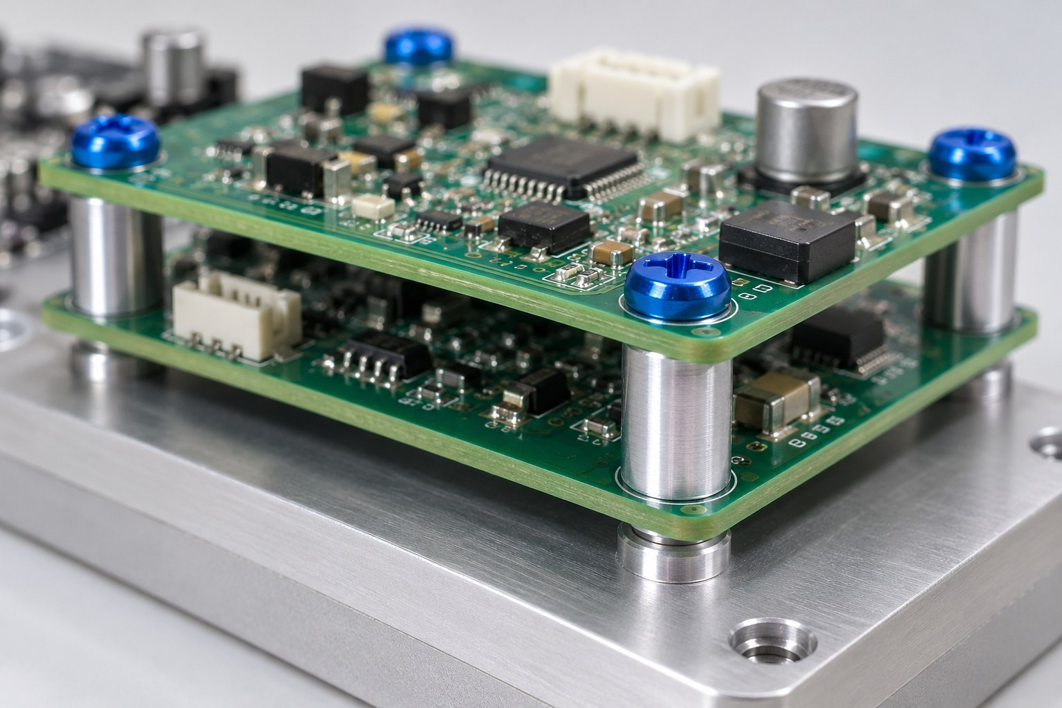 Small socket screws fixing a circuit board stack to standoffs in an electronics assembly