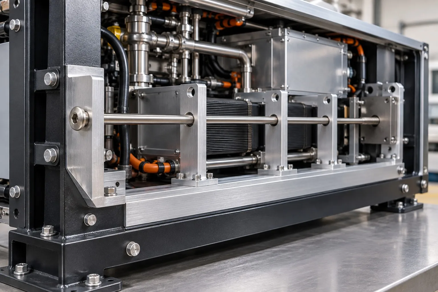 Long M6 pan head socket screws through machined blocks on a robot gantry frame