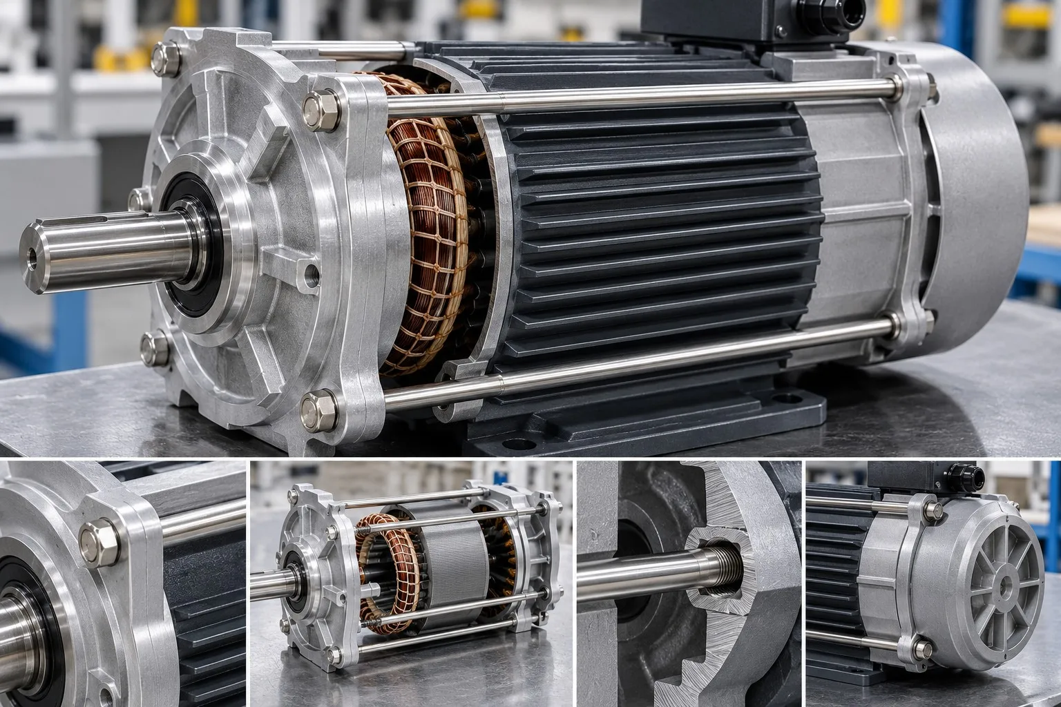 Long threaded studs holding the end shields and frame of an electric motor assembly