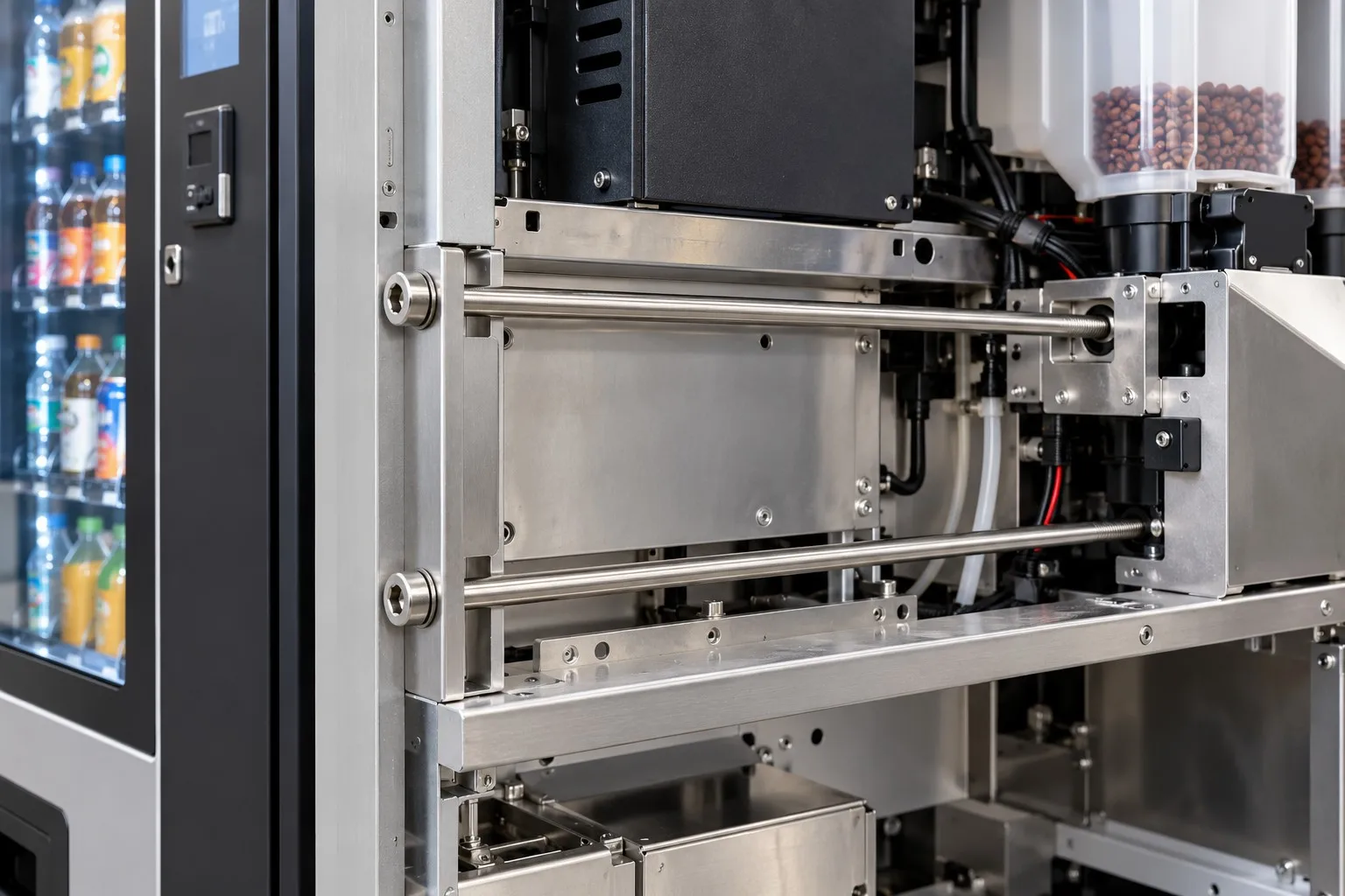 Anodized aluminum pan head screws on the trim of a kiosk