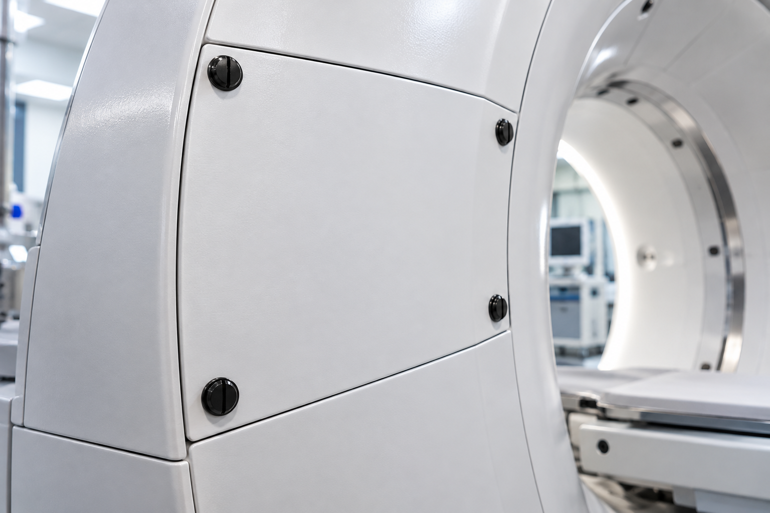 Captive head screws holding a service cover on a medical imaging scanner