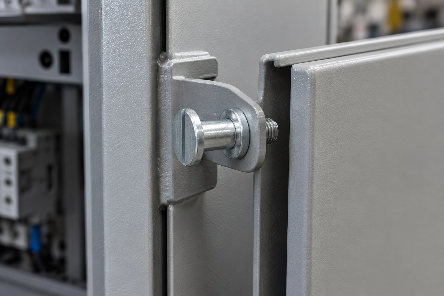 Sheet-steel electrical cabinet cover bracket pivoting on a white zinc slotted shoulder screw with collar