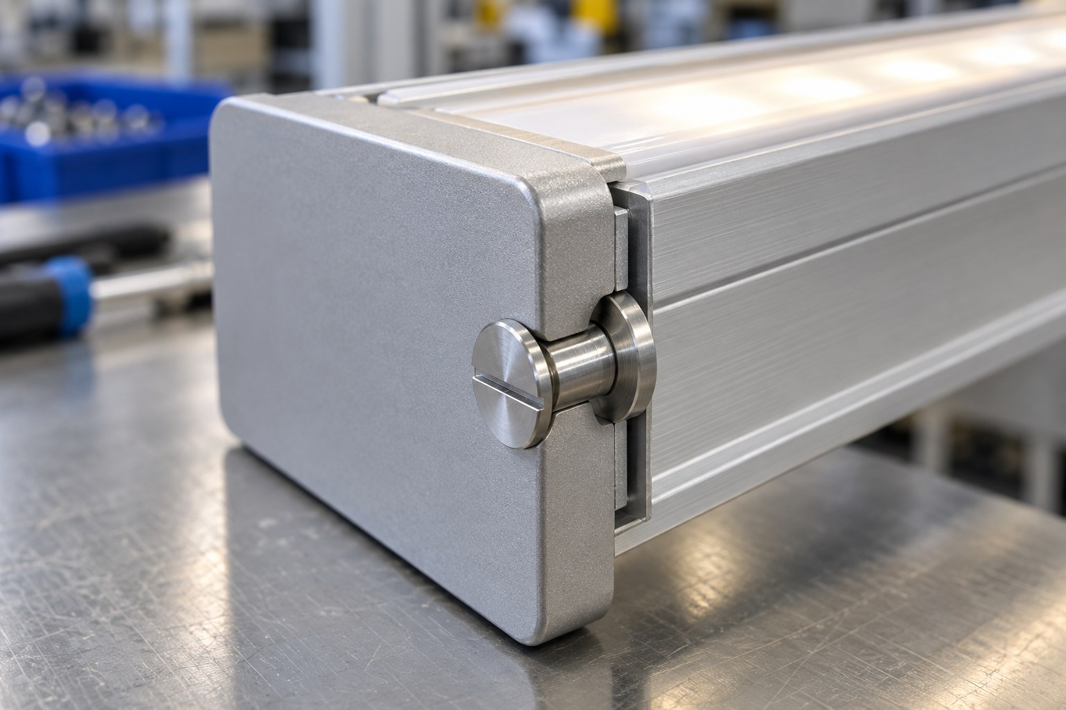Aluminium extrusion end cap clamped by a white zinc slotted screw with integral collar on a linear luminaire