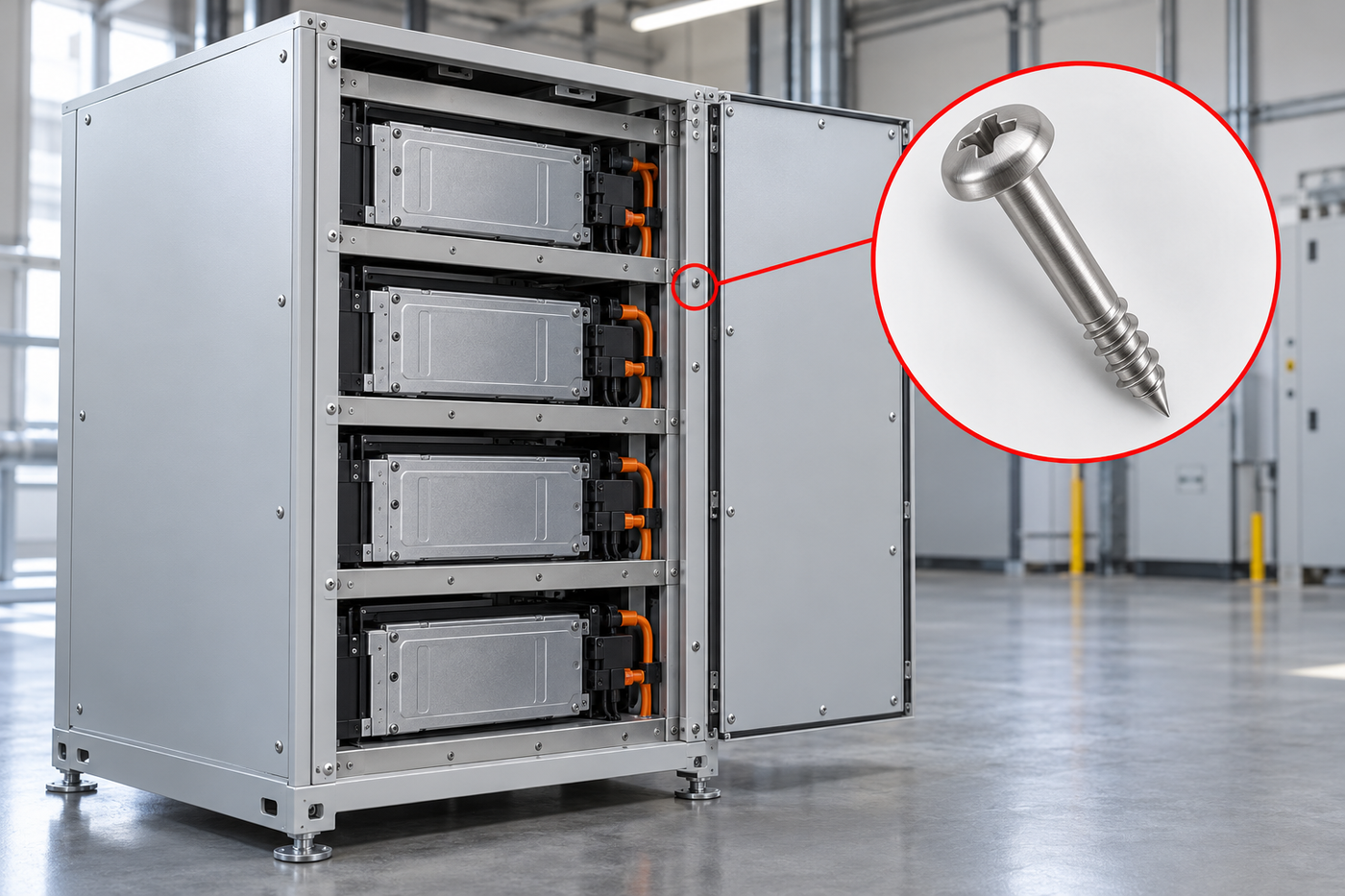 Stationary battery cabinet and module rack with panels and shelves fixed by pan head self-tapping screws, one screw highlighted