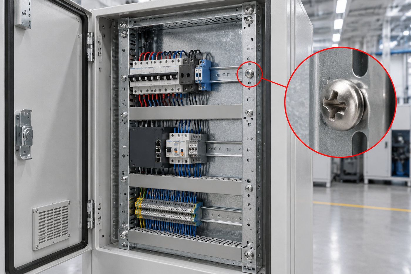 Industrial electrical control cabinet with frame rails and mounting plate fixed by pan head self-tapping screws, one screw highlighted