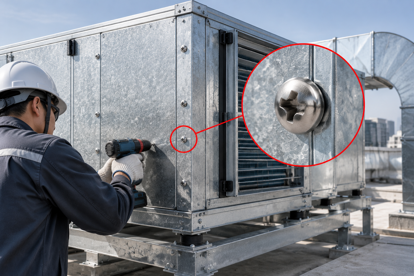 Air handling unit casing panels being fixed to the frame with pan head self-tapping screws, one screw highlighted
