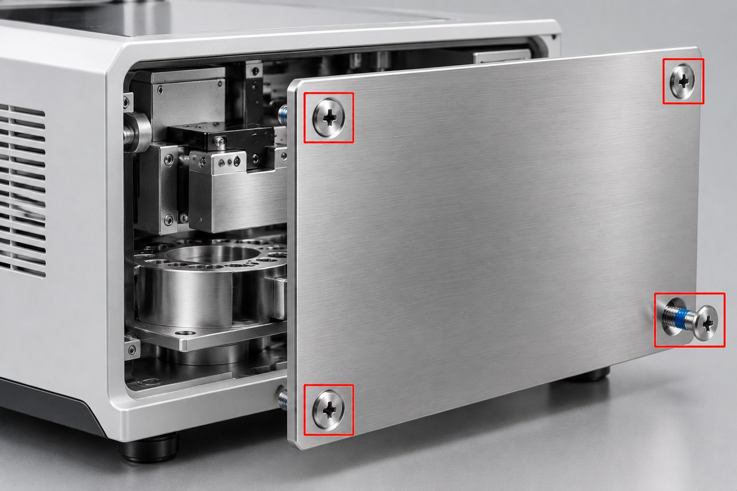 Laboratory instrument panel fastened with countersunk Phillips screws, one screw shown with its locking patch
