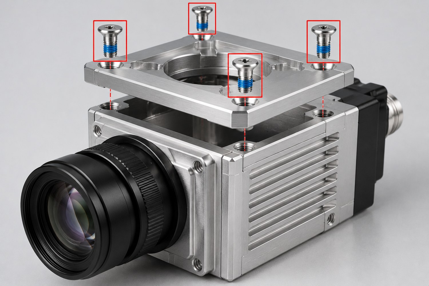 Machine vision camera housing with countersunk Phillips screws highlighted at the mounting flange