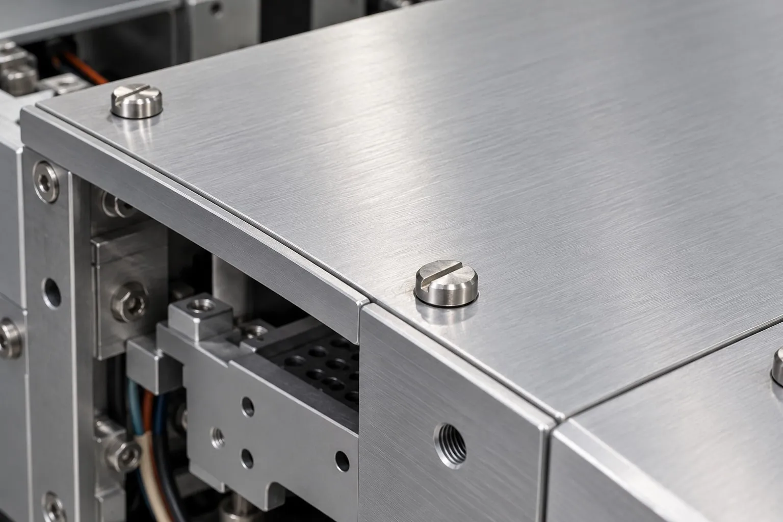 Captive head screws holding a stainless panel on laboratory equipment