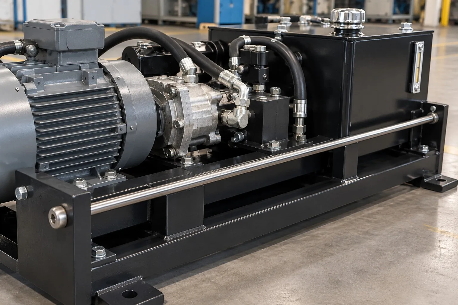 Long threaded studs tensioning the base frame of a hydraulic power unit