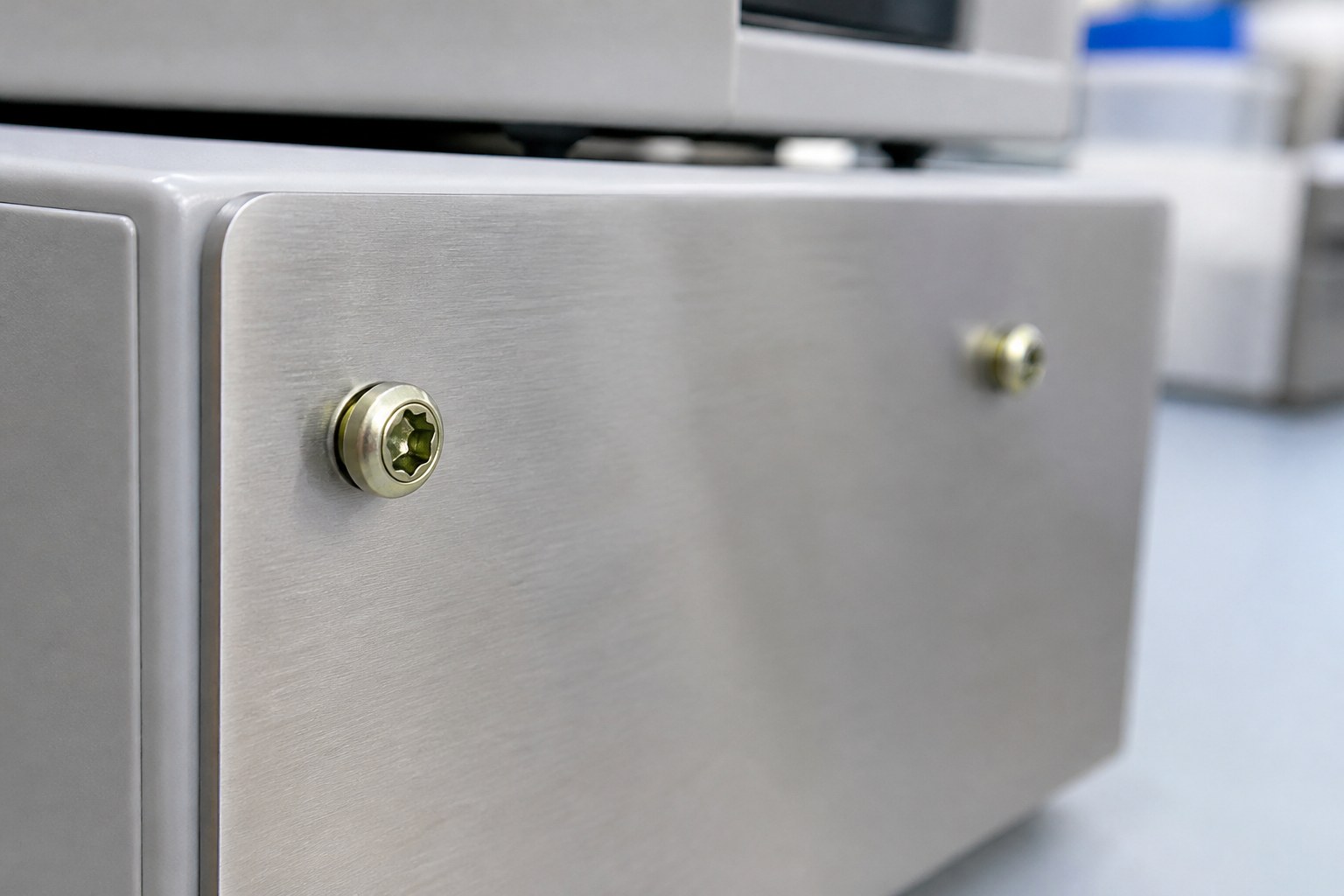 Analytical instrument — stainless side panel fixed with the same screw, head kept low and flush to the panel face.
