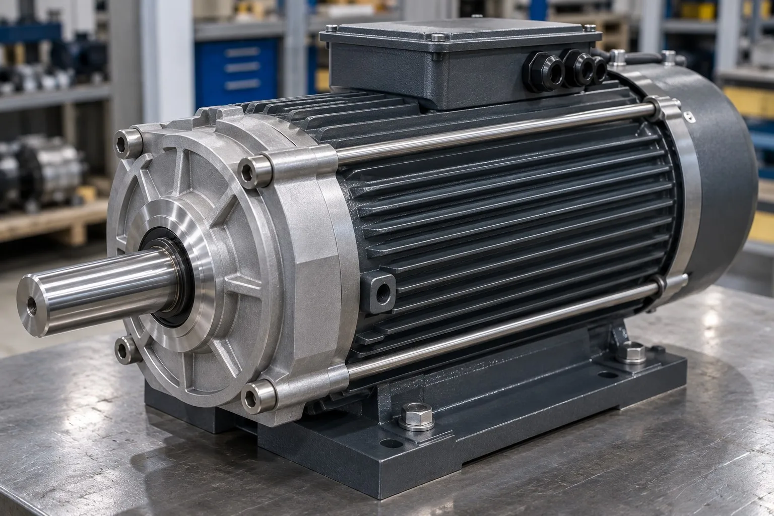 Countersunk socket slotted screws on the end shield and terminal box of an electric motor