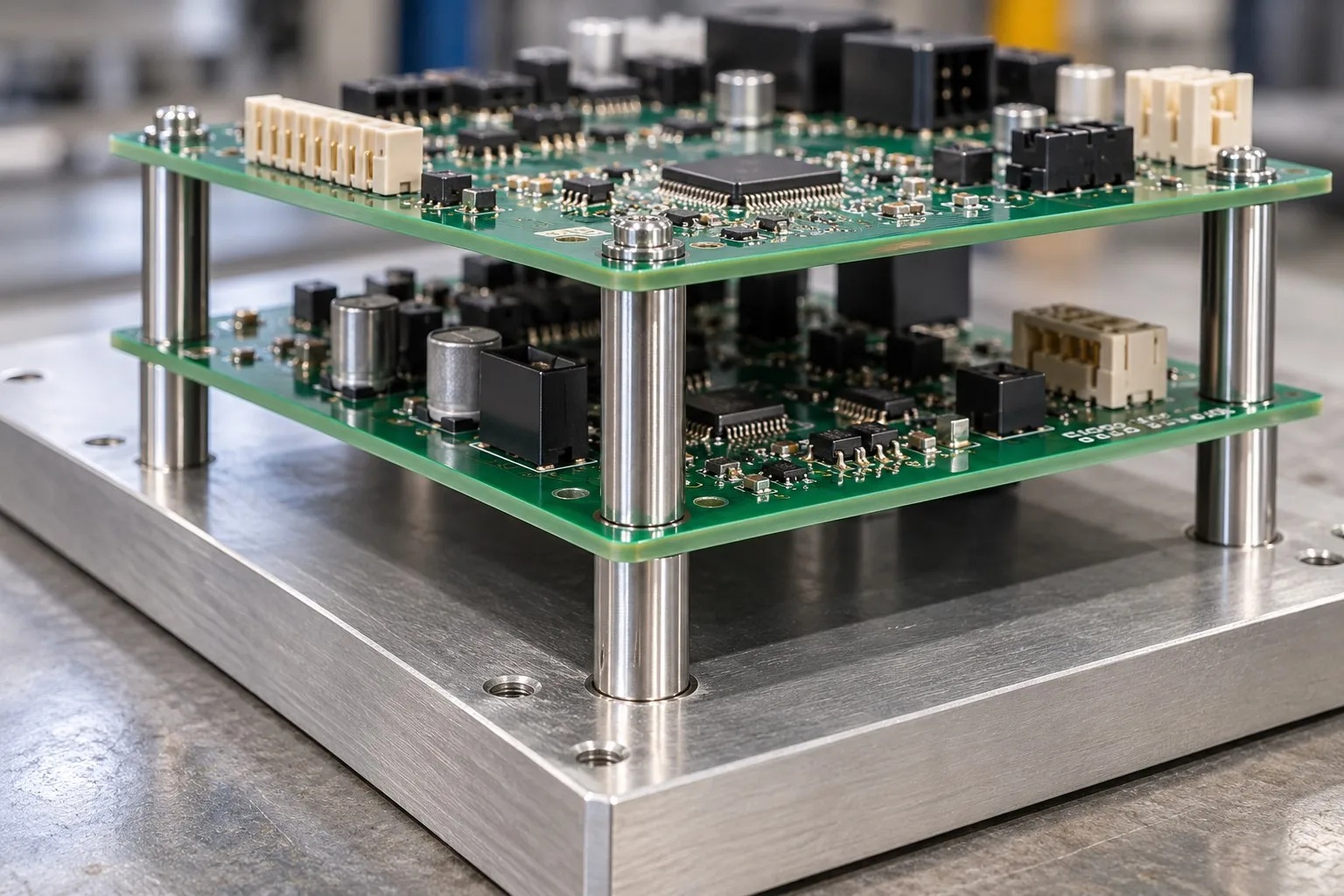 Aluminum pan head screws fixing a light PCB stack