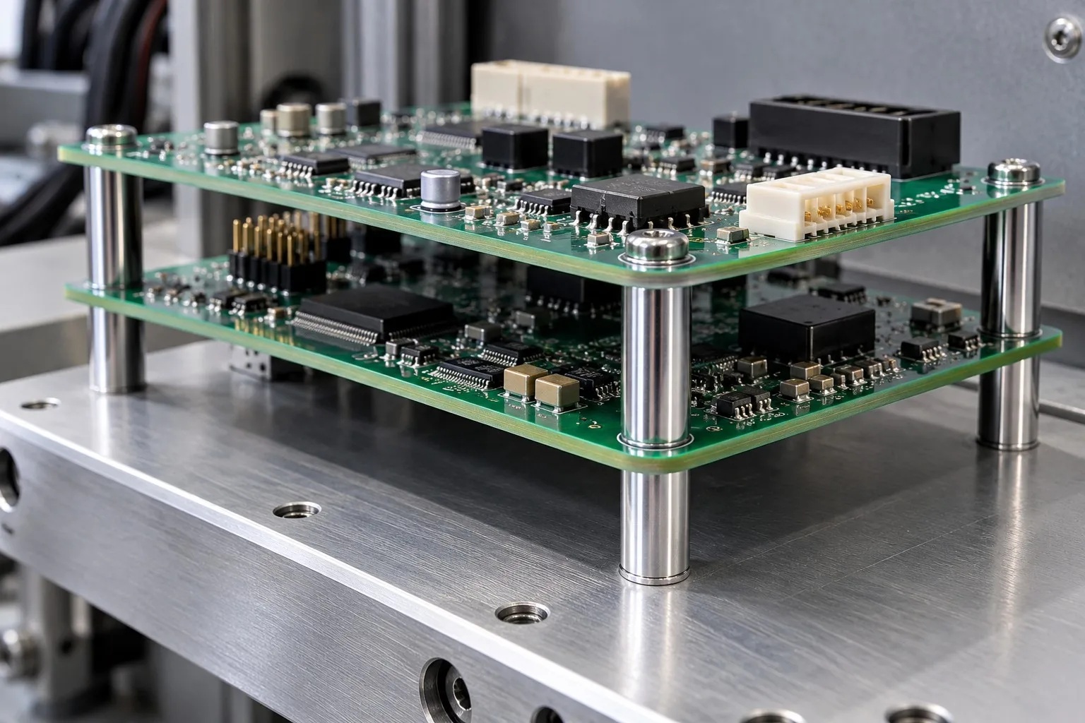Male-female round standoffs spacing a stacked PCB assembly