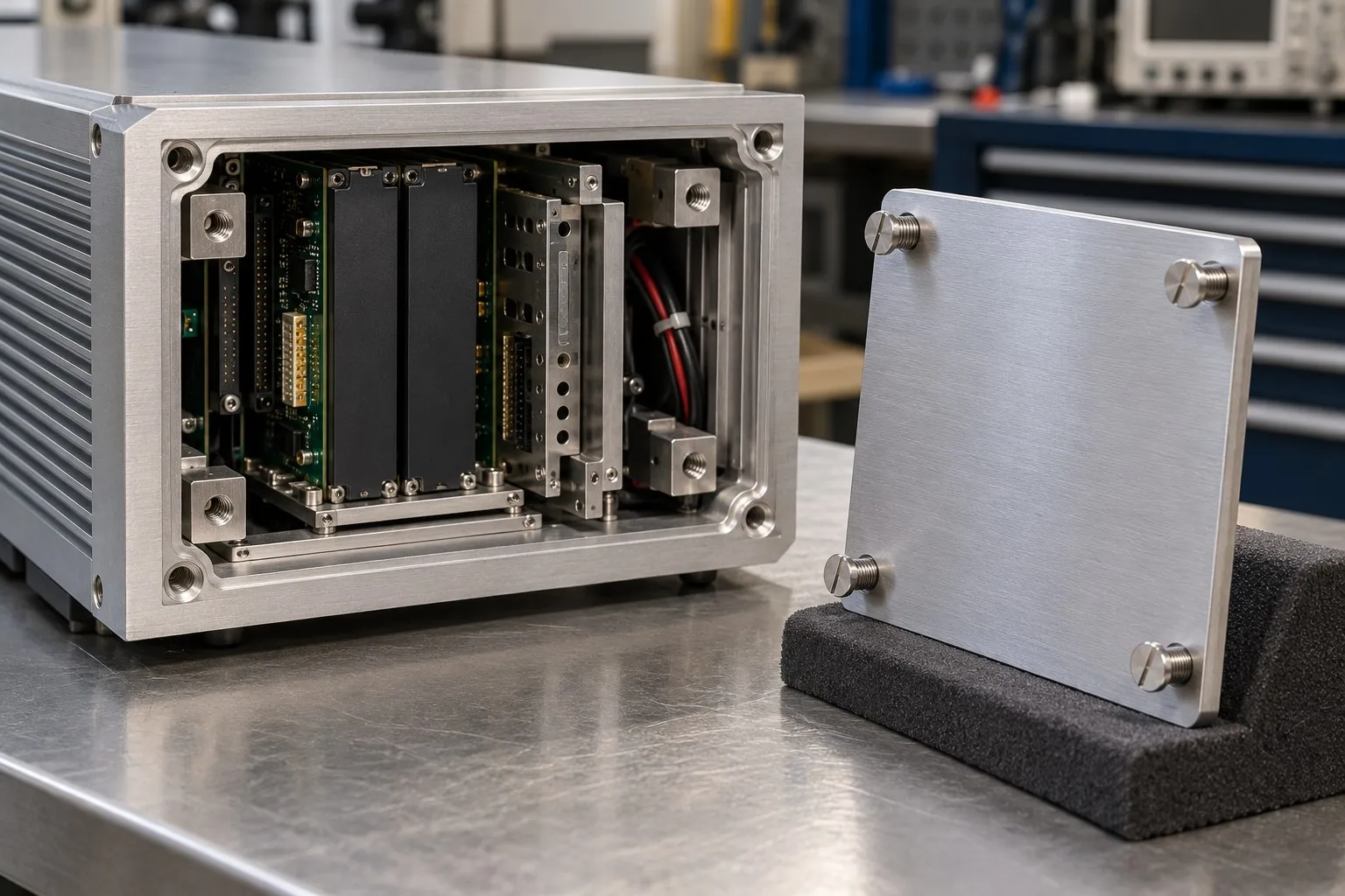 Anodized aluminum pan head screws on an electronic enclosure cover