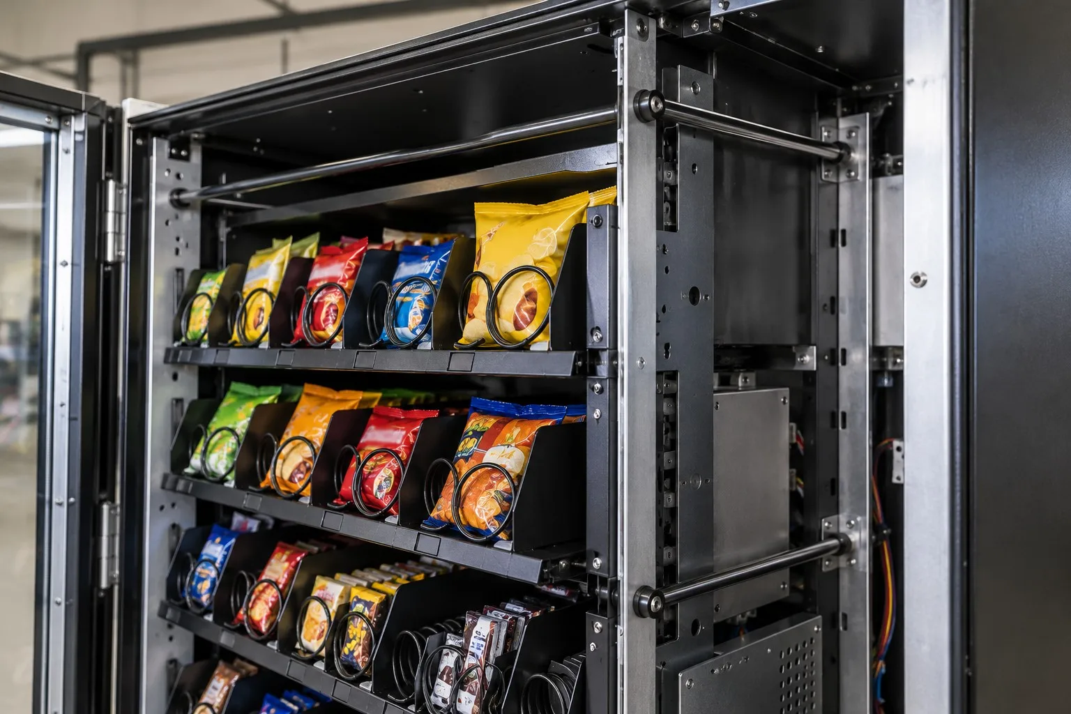 Male-female round standoffs spacing brackets in a vending machine frame