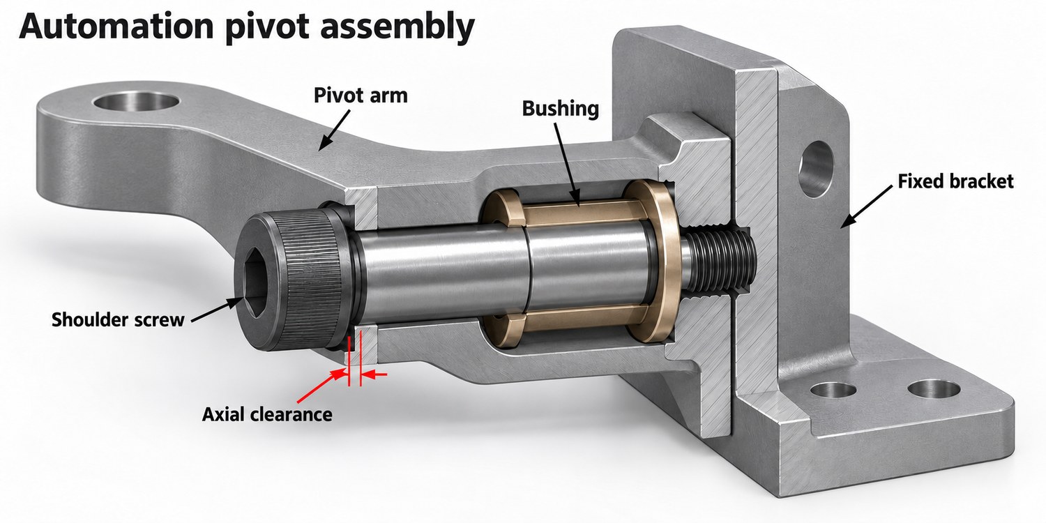 Cutaway illustration of an automation pivot arm, bushing, shoulder screw and fixed bracket with axial clearance marked