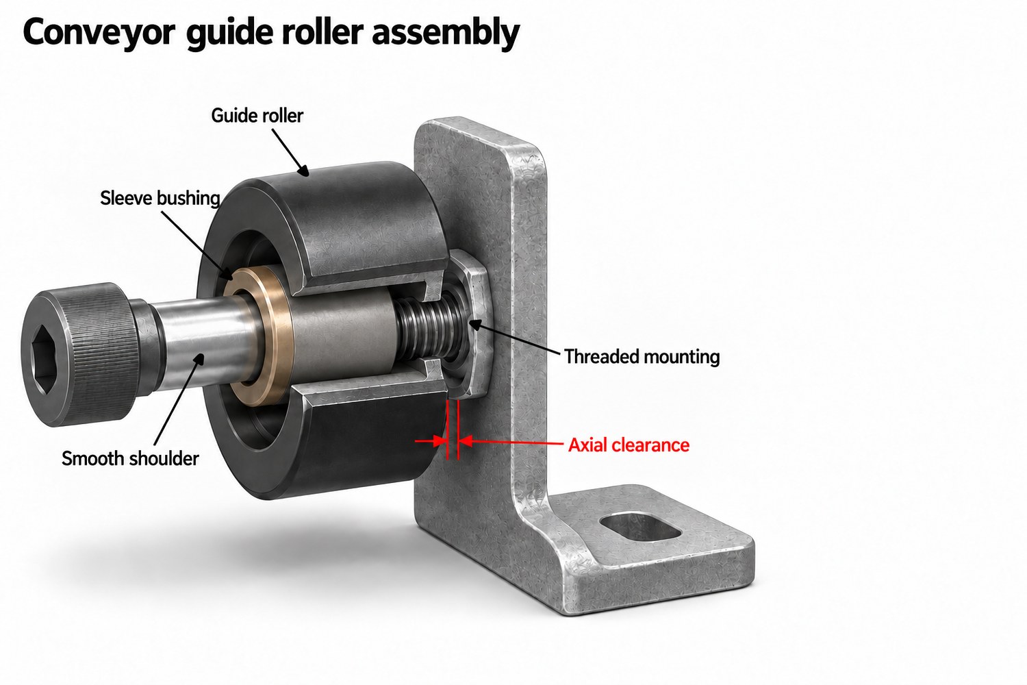 Cutaway illustration of a conveyor guide roller with sleeve bushing, smooth shoulder and threaded bracket mounting