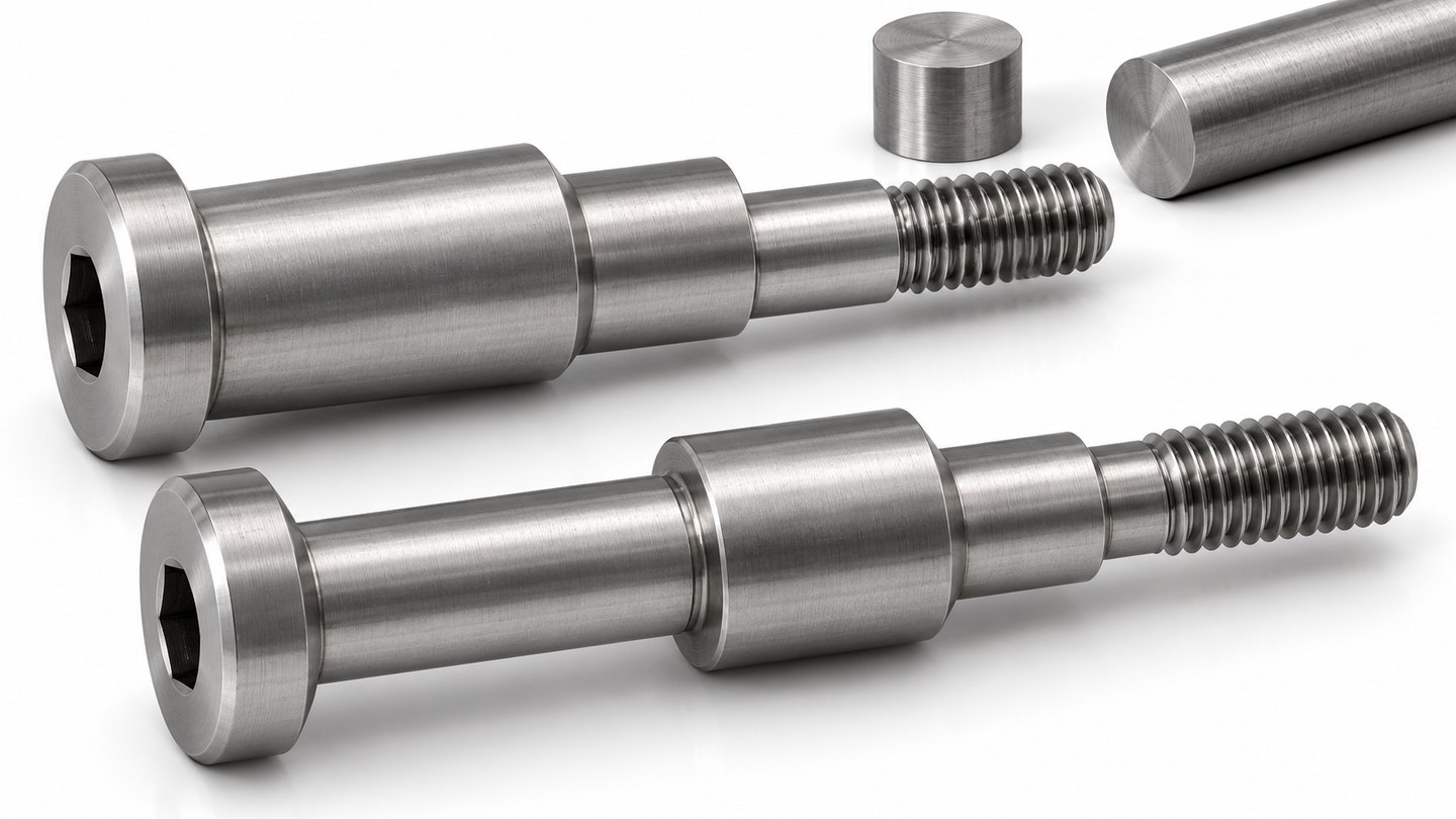 Two custom multi-step screws with different locating lands and threaded ends, concept illustration