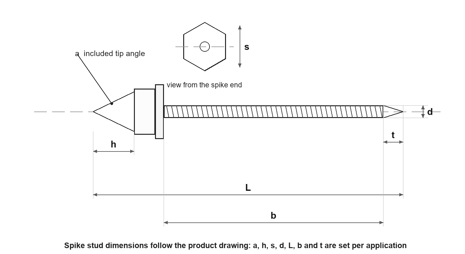Tire stud dimension drawing: tip angle, cone height, hex across flats, thread diameter and length