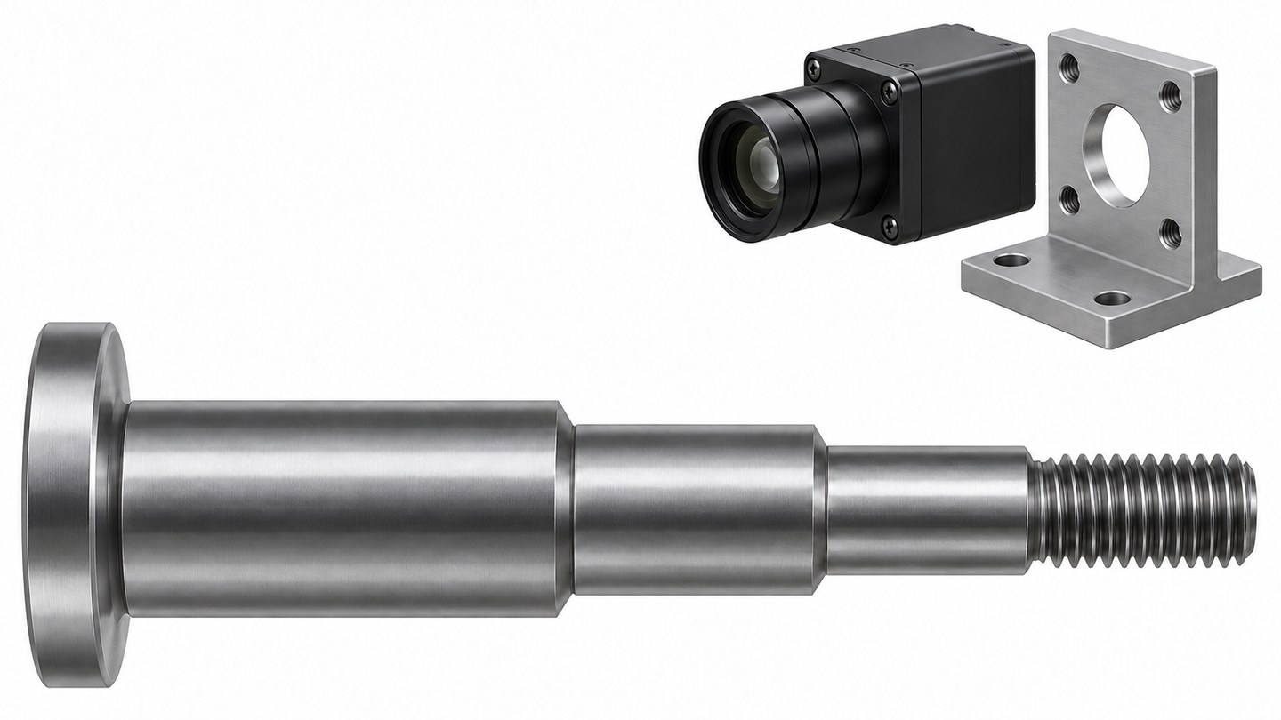 Concept illustration of a custom screw with multiple locating steps beside machine vision equipment