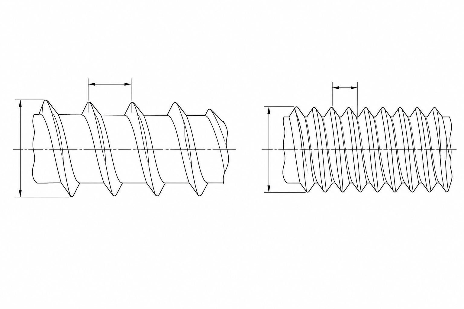 Thread profile comparison: coarse self-tapping thread on the left beside a finer machine thread on the right