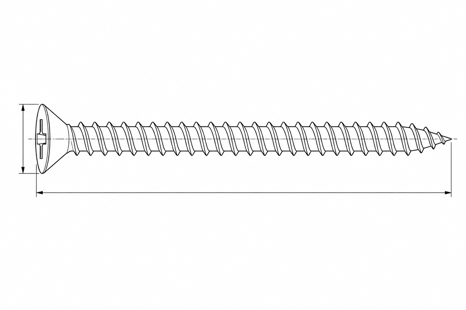 Dimension drawing of the M4x205 countersunk self-tapping screw: 90 degree head, 205 mm overall length, full-length coarse thread and gimlet point