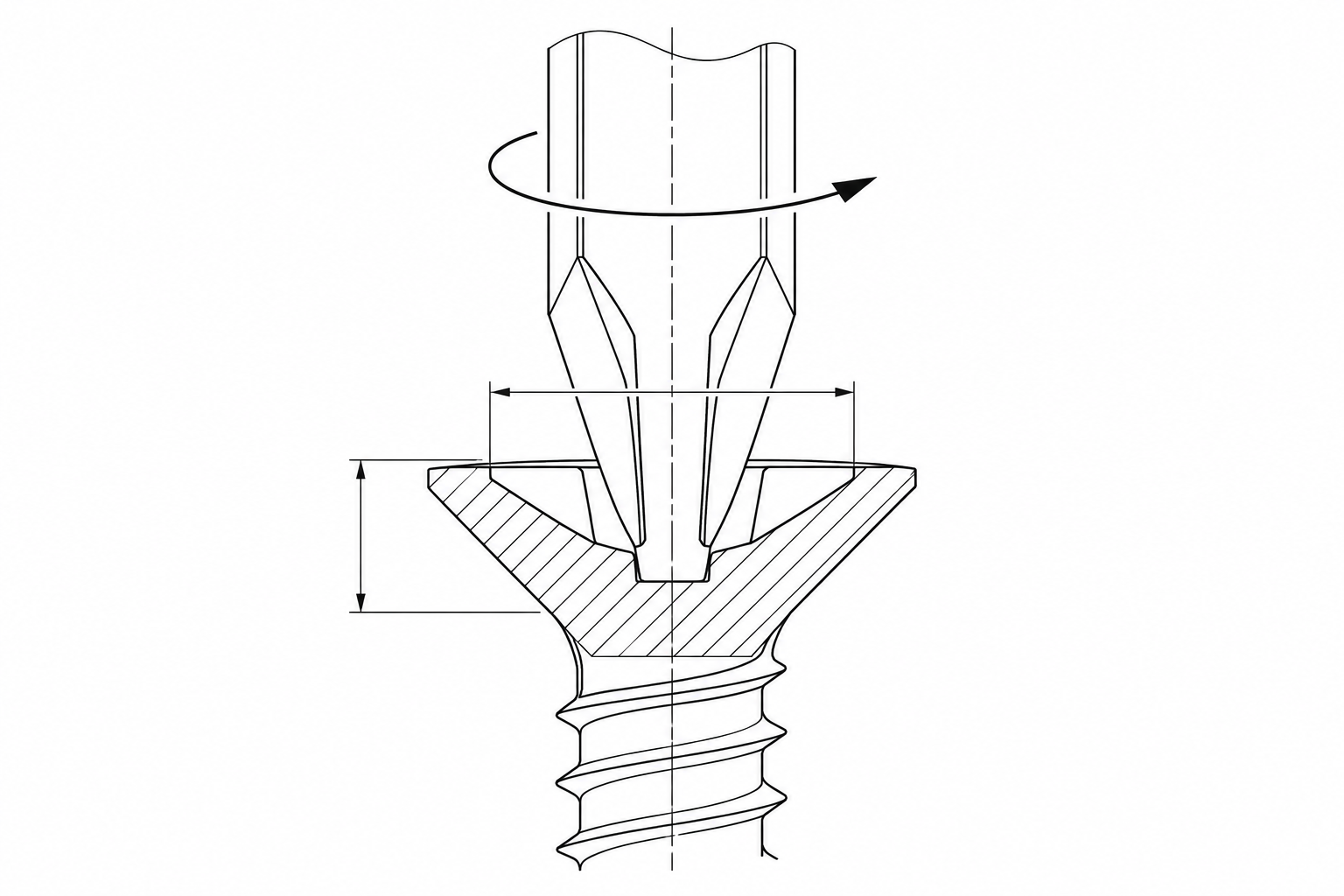 Cross-section of the Phillips recess with the driver bit engaged and the torque path running down the 205 mm shank
