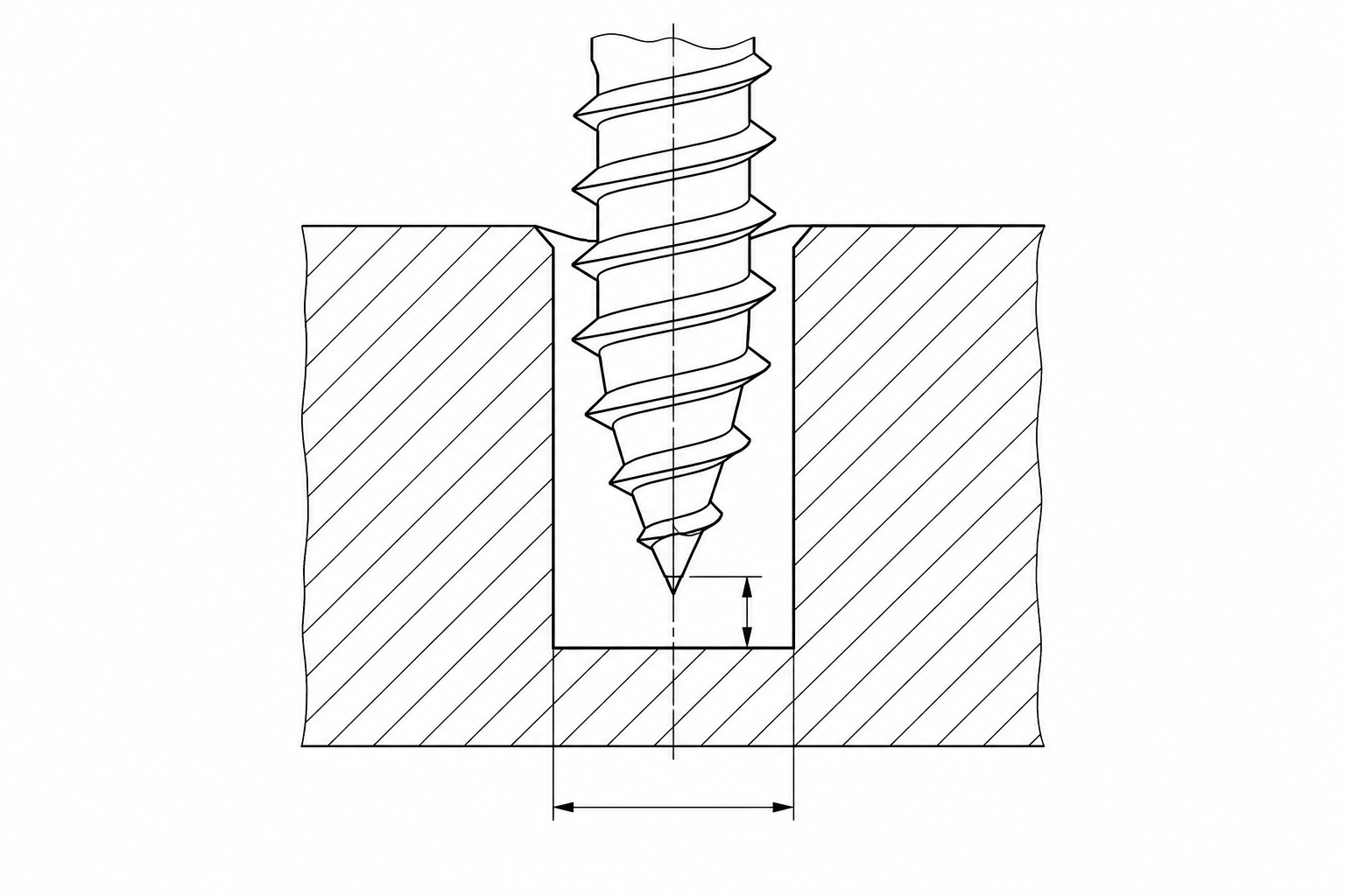 Enlarged gimlet point inside a blind hole with clearance between the point and the hole bottom