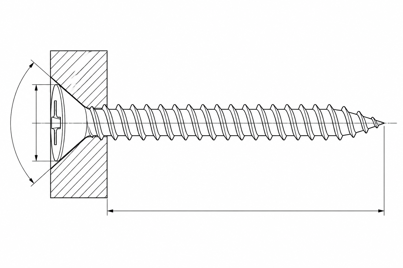 Section through the countersunk head seated flush in a panel, showing the 90 degree seat and the bearing ring under the head
