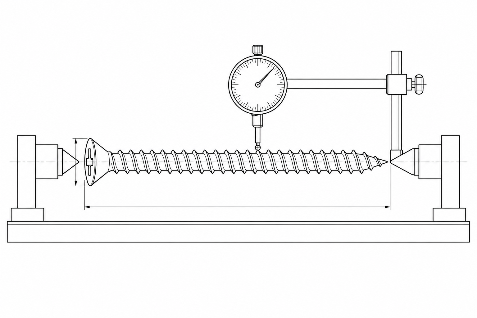 Straightness check of the 205 mm screw between centres with a dial indicator on the shank and a tolerance band around the part