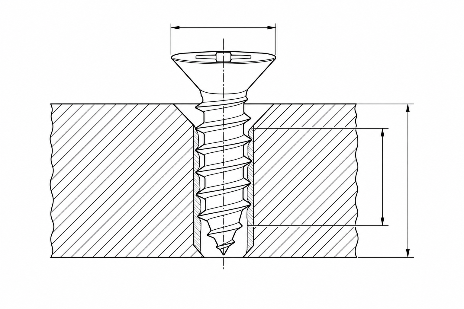 Section of the coarse self-tapping thread forming its own thread in a pilot hole in a plate, with the engagement depth visible