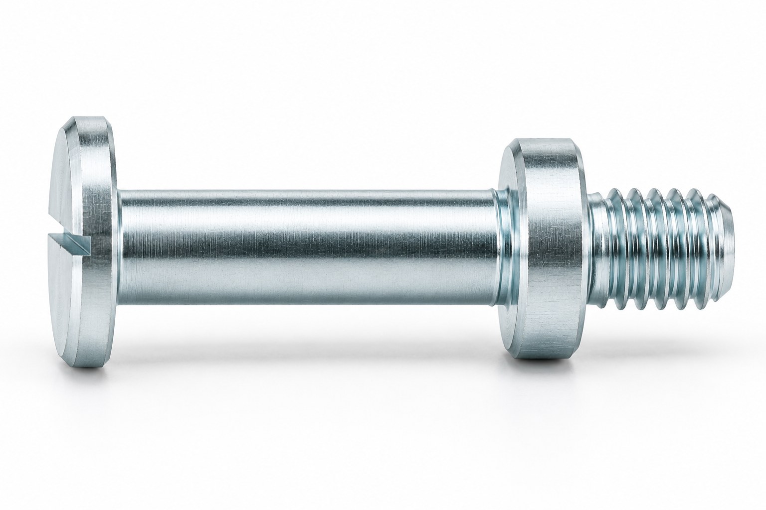 Side view of a turned white zinc slotted screw showing thin head, plain shoulder, integral collar and short thread