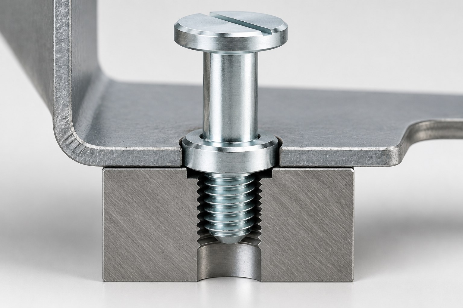 Cutaway render of the slotted shoulder screw with its collar flange seated flat on a stamped steel bracket