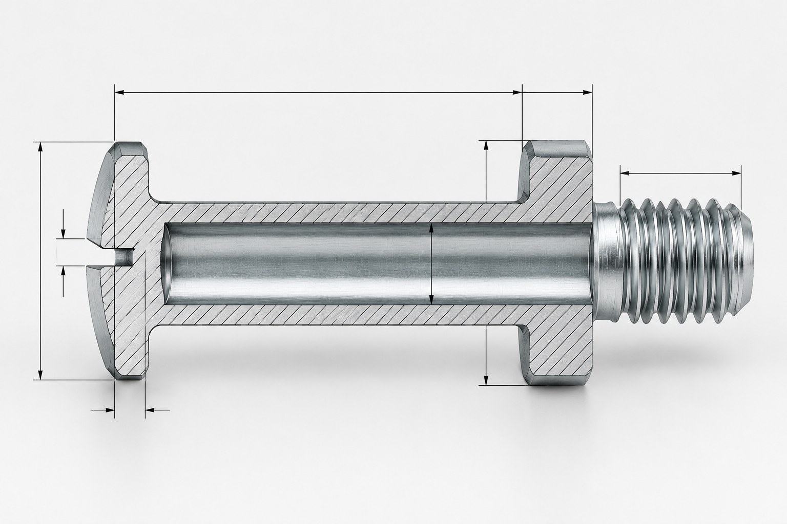Half-section cutaway of a thin slotted head showing the slot floor close to the collar bearing face