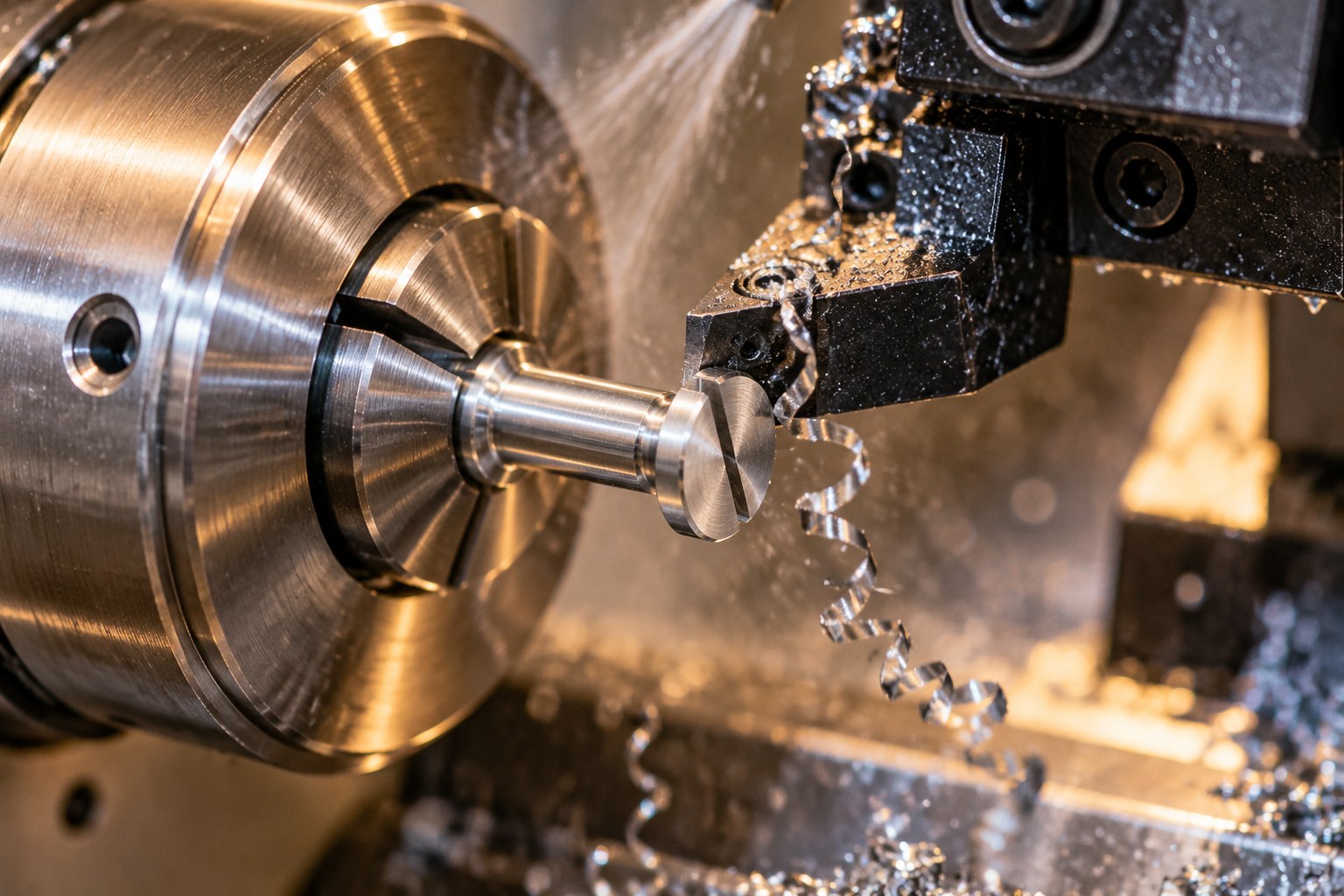CNC lathe turning a small carbon steel screw blank from bar stock with chips and coolant at Shi Shi Tong