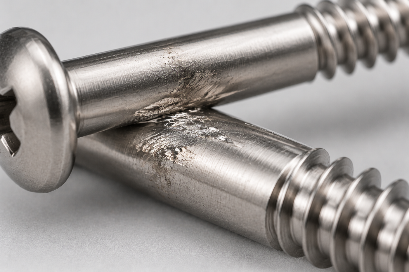 Macro of two stainless steel shanks in contact under load showing cold-welded metal transfer and smeared surface at the contact patch