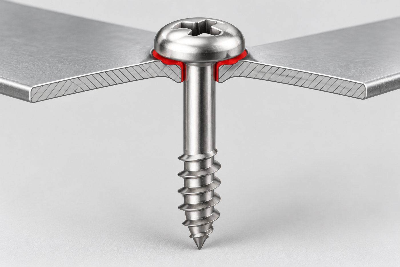 Section through a thin sheet with the pan head seated, bearing annulus and load path into the sheet highlighted in red