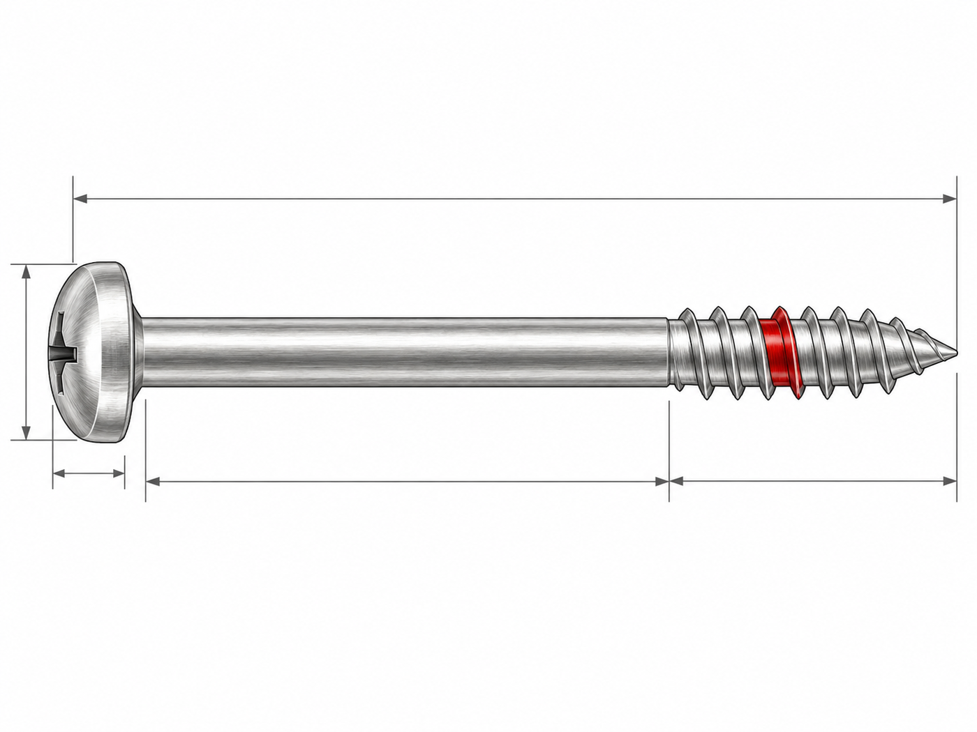 Engineering elevation of the screw with dimension lines for total length, head height, head diameter, plain shank length and threaded length