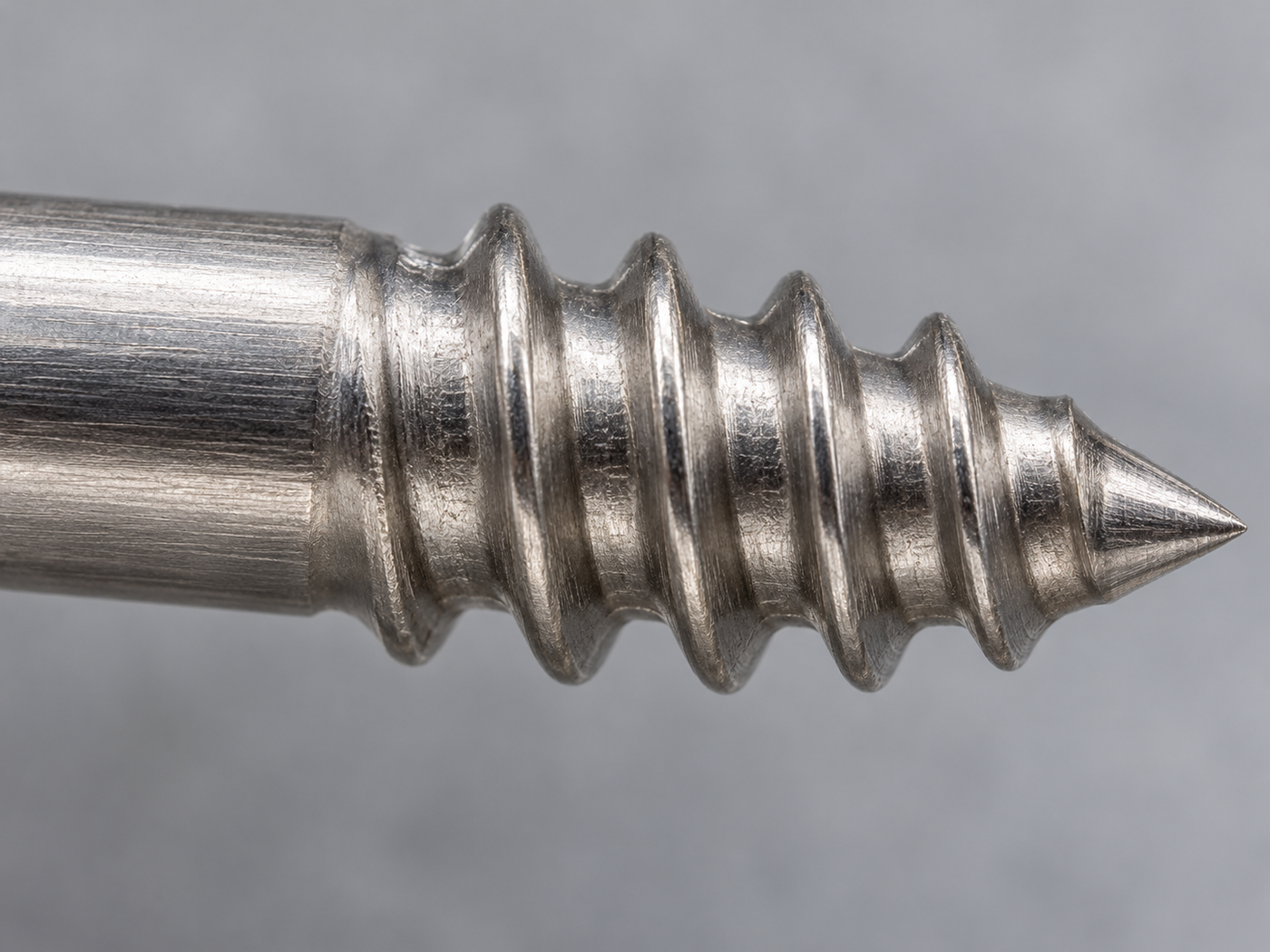 Macro of the threaded tip: coarse spaced tapping thread running out into a sharp gimlet point on plain stainless
