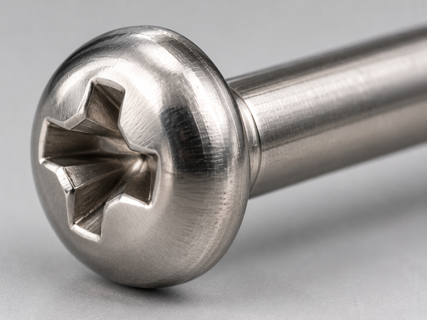 Macro of the pan head at forty degrees showing the Phillips cross recess depth, wall taper and flat bearing face