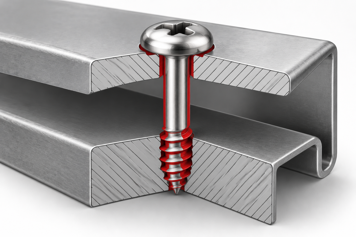 Section through two sheet metal panels: plain shank crossing the gap, short thread engaged in the lower panel, highlighted in red