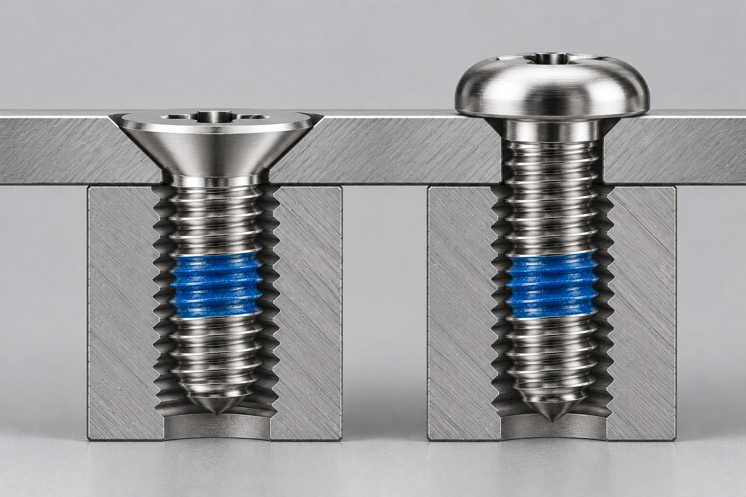 Section comparison of a countersunk head sitting flush in a plate and a pan head standing proud of the same plate