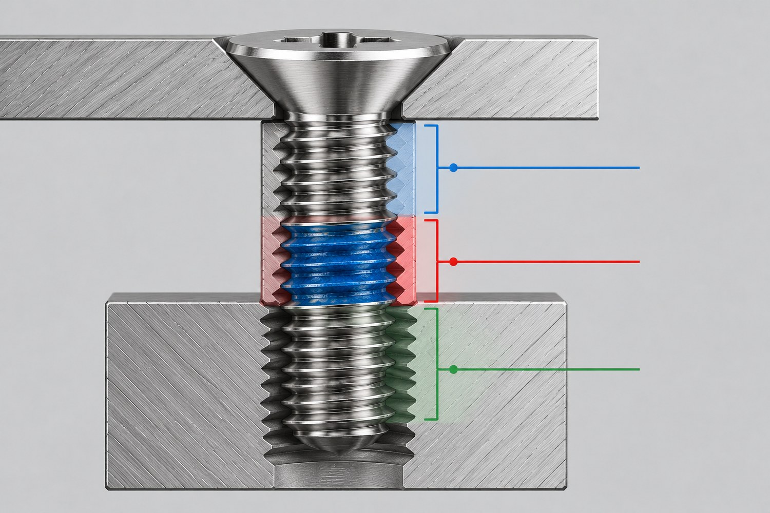 Section of a screw thread divided into free thread, blue locking patch band and engaged thread zones