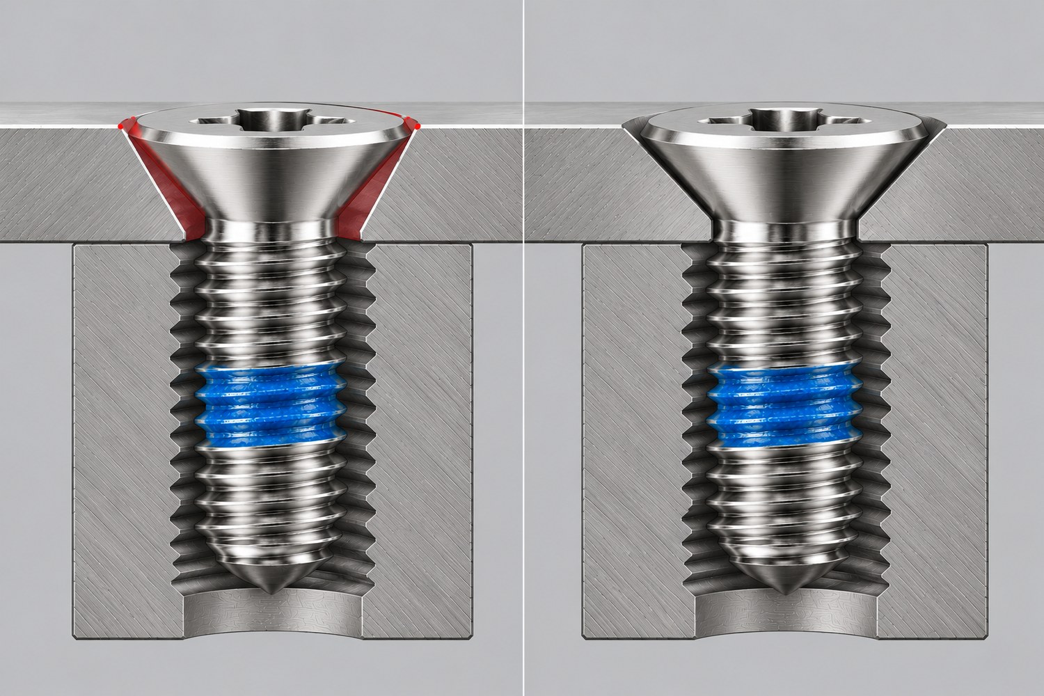Section comparison of line contact in a mismatched 82 degree countersink and full face contact in a matched 90 degree countersink